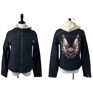 *SOLD*Harley Davidson Women S Black Denim Biker Motorcycle 2-1 Jacket Angel Wing
